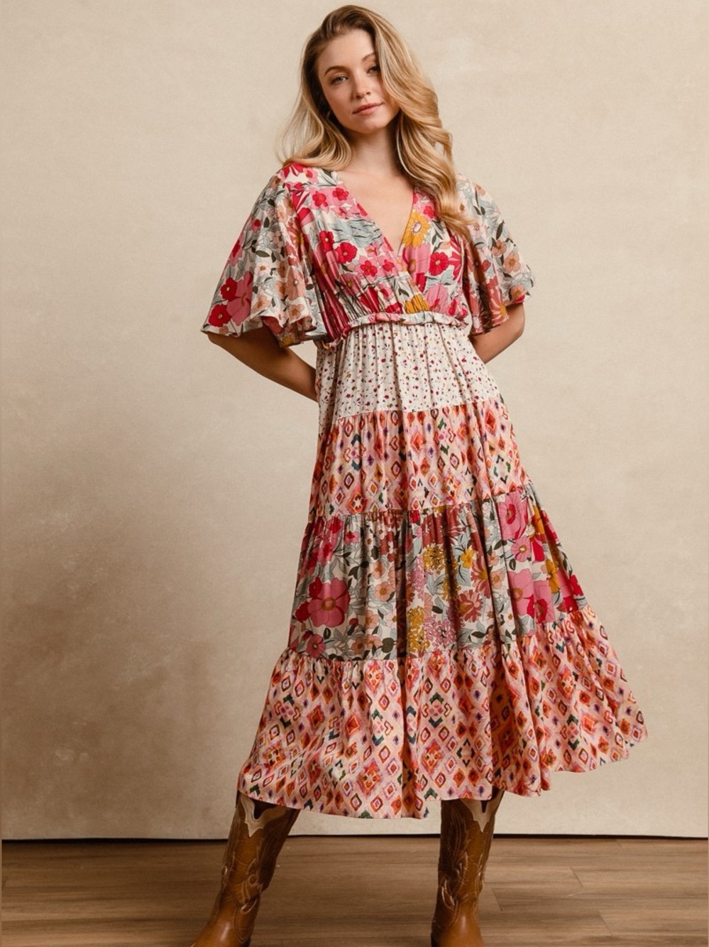 BiBi Pink Floral Tiered Midi Dress